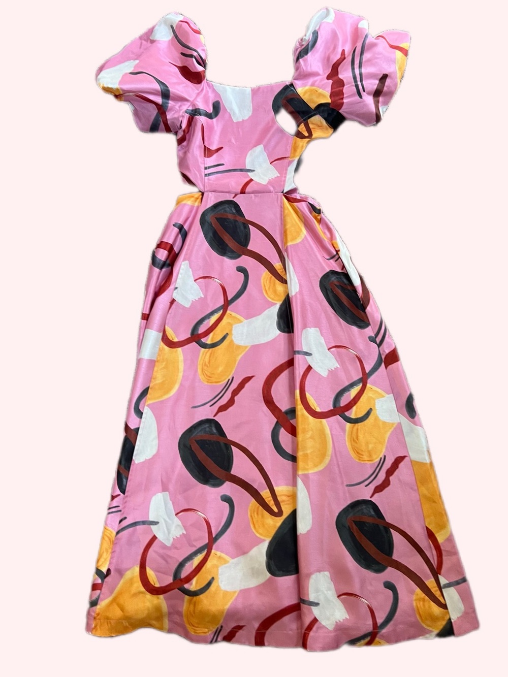 Anthropologie Pink Abstract Puff-Sleeve Midi Dress with Yellow Accents